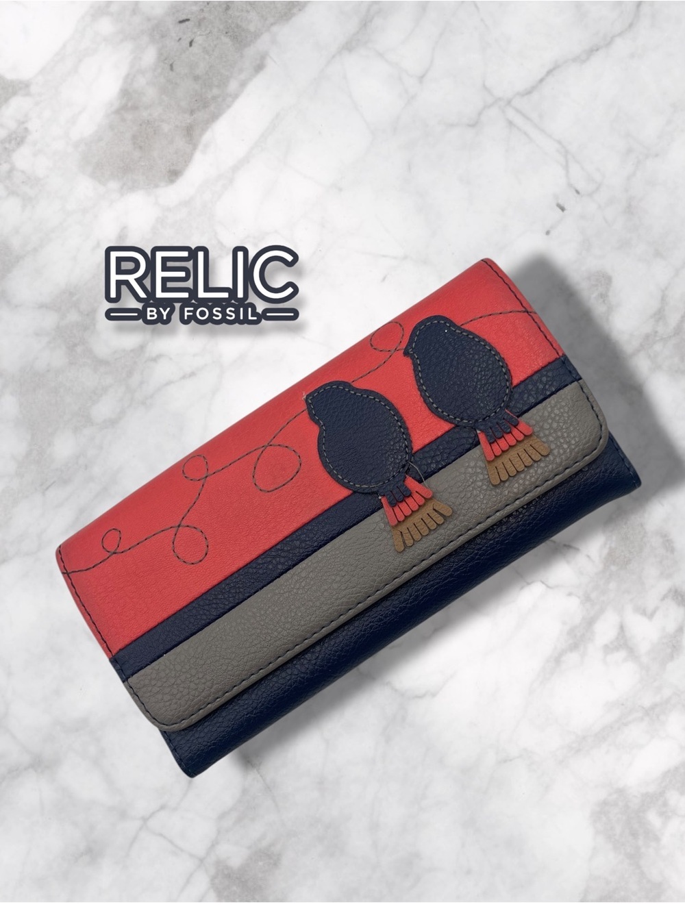 Relic Birds on a Fence Applique Wallet Coral Red Navy Gray